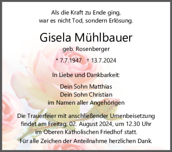 Traueranzeige von Gisela Mühlbauer von Mittelbayerische Zeitung Regensburg