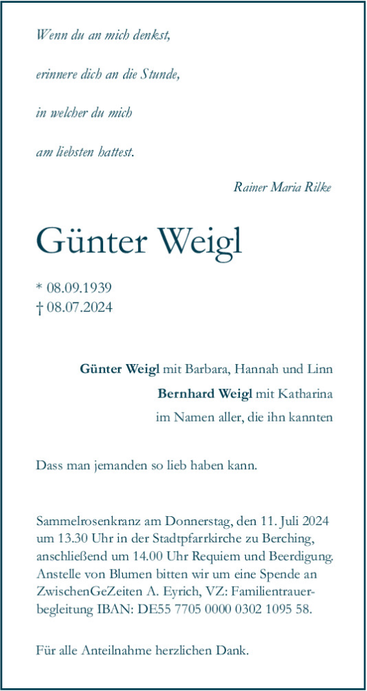  Traueranzeige für Günter Weigl vom 10.07.2024 aus Neumarkter Tagblatt