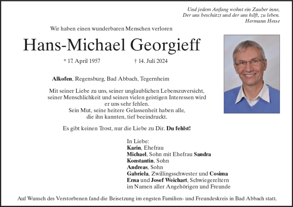  Traueranzeige für Hans-Michael Georgieff vom 20.07.2024 aus Mittelbayerische Zeitung Kelheim