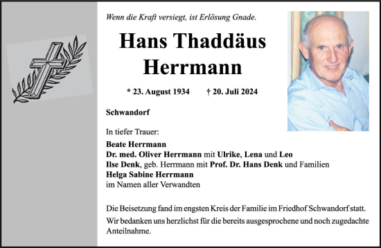 Traueranzeige von Hans Thaddäus Herrmann von Mittelbayerische Zeitung Schwandorf