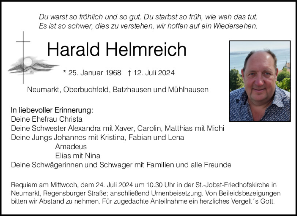  Traueranzeige für Harald Helmreich vom 20.07.2024 aus Neumarkter Tagblatt