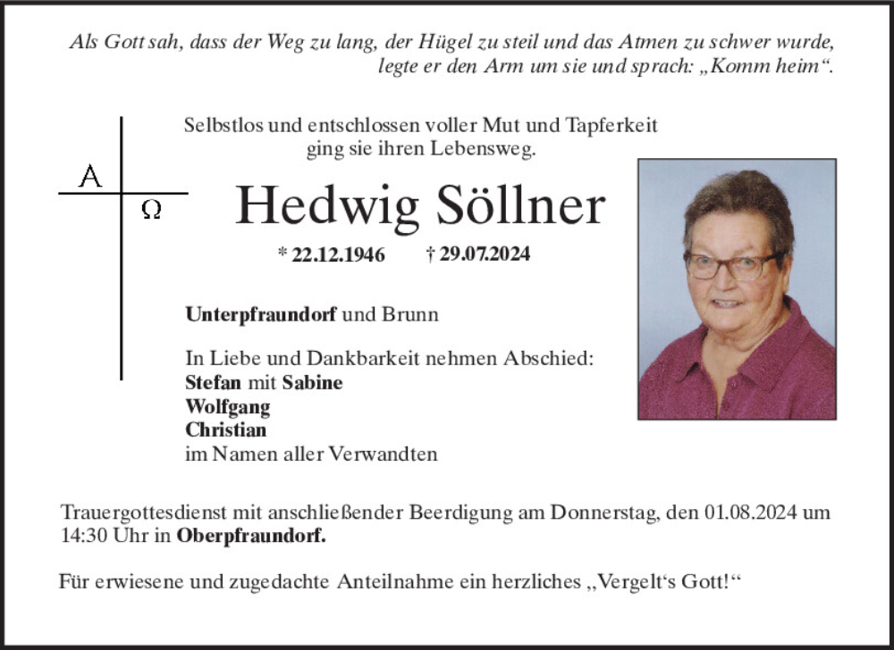  Traueranzeige für Hedwig Söllner vom 31.07.2024 aus Mittelbayerische Zeitung Regensburg