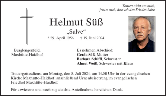 Traueranzeige von Helmut Süß von Mittelbayerische Zeitung Schwandorf