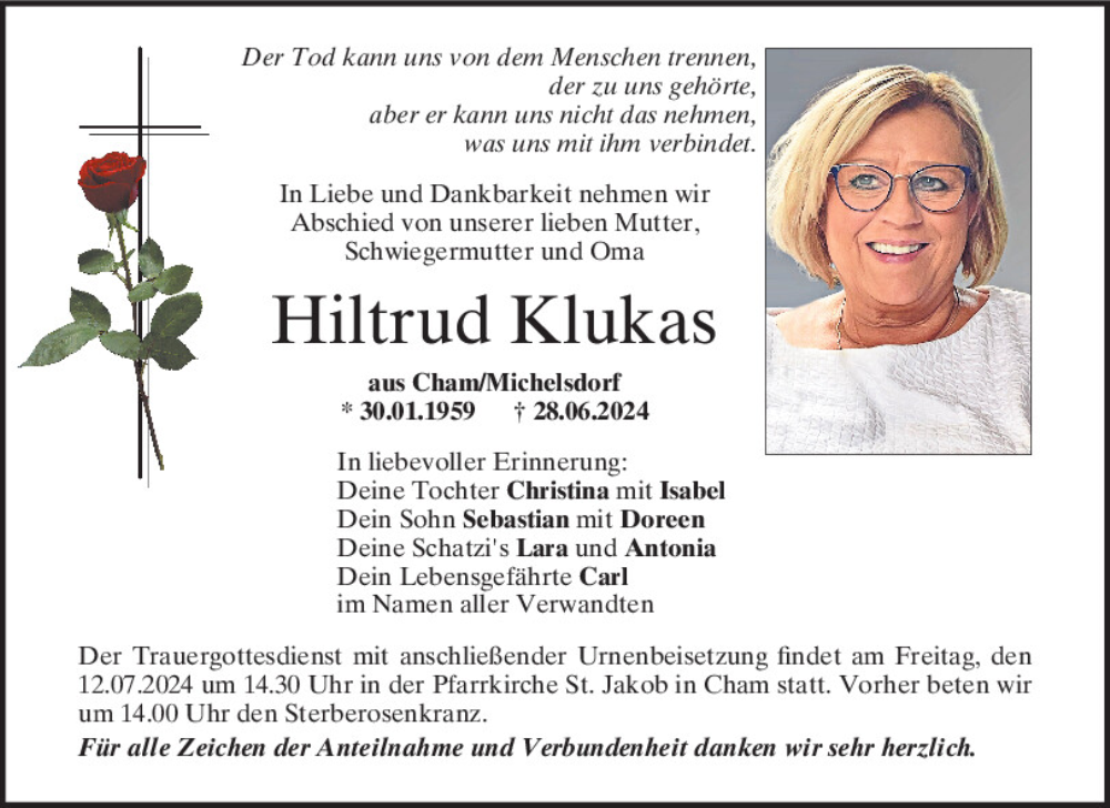  Traueranzeige für Hiltrud Klukas vom 10.07.2024 aus Bayerwald Echo