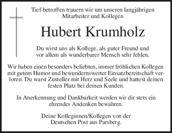 Traueranzeige von Hubert Krumholz von Neumarkter Tagblatt