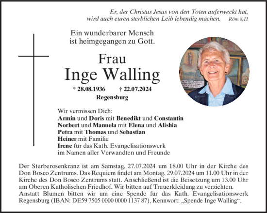 Traueranzeige von Inge Walling von Mittelbayerische Zeitung Regensburg