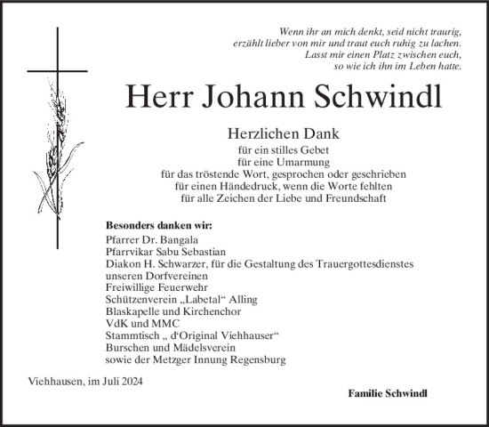 Traueranzeige von Johann Schwindl von Mittelbayerische Zeitung Regensburg