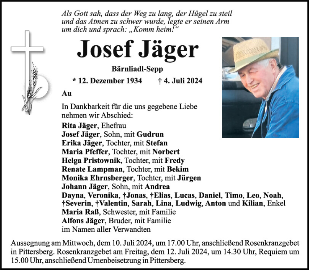  Traueranzeige für Josef Jäger vom 09.07.2024 aus Mittelbayerische Zeitung Schwandorf