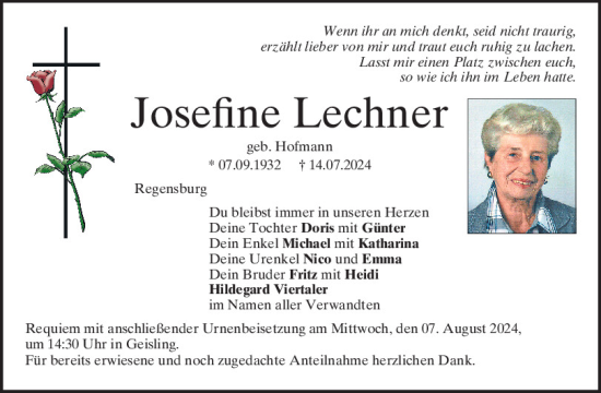 Traueranzeige von Josefine Lechner von Mittelbayerische Zeitung Regensburg