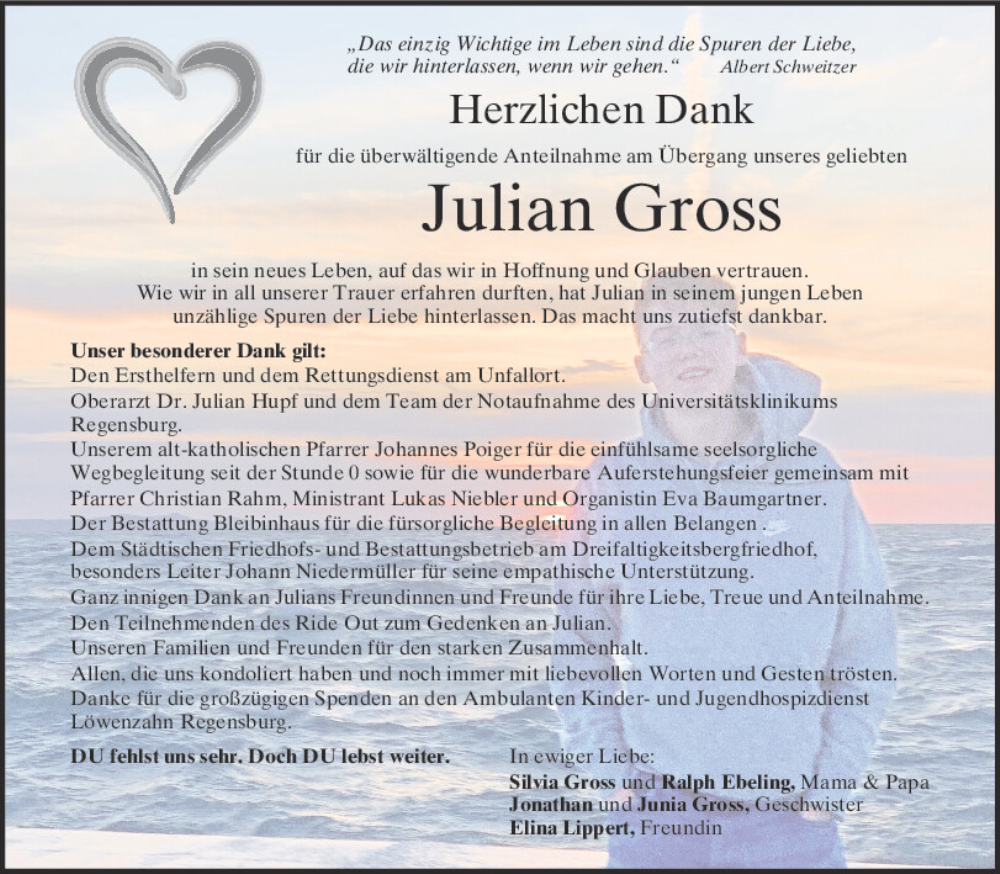  Traueranzeige für Julian Gross vom 13.07.2024 aus Mittelbayerische Zeitung Regensburg