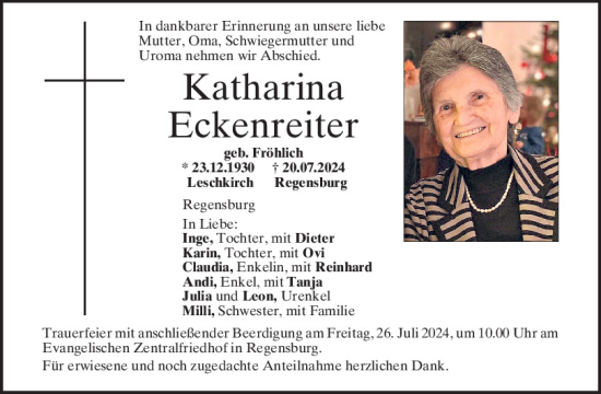 Traueranzeige von Katharina Eckenreiter von Mittelbayerische Zeitung Regensburg
