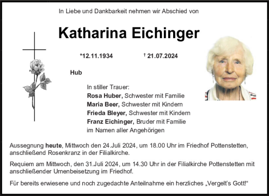 Traueranzeige von Katharina Eichinger von Mittelbayerische Zeitung Schwandorf