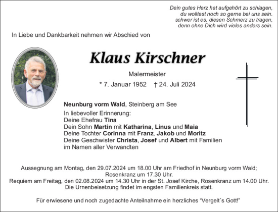 Traueranzeige von Klaus Kirschner von Mittelbayerische Zeitung Schwandorf