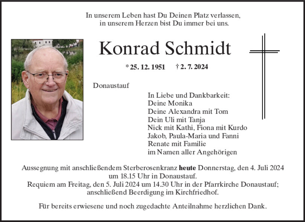  Traueranzeige für Konrad Schmidt vom 04.07.2024 aus Mittelbayerische Zeitung Regensburg