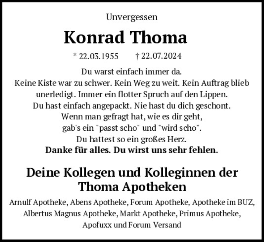  Traueranzeige für Konrad Thoma vom 27.07.2024 aus Mittelbayerische Zeitung Regensburg