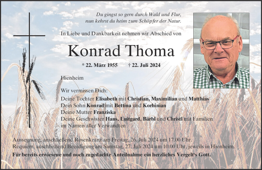  Traueranzeige für Konrad Thoma vom 25.07.2024 aus Mittelbayerische Zeitung Kelheim