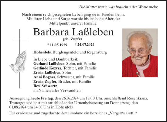 Traueranzeige von Laßleben Barbara von Neumarkter Tagblatt