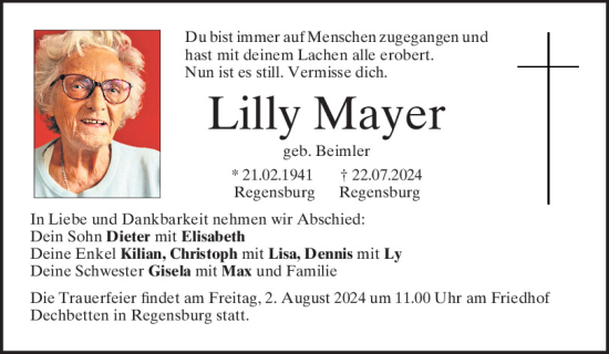 Traueranzeige von Lilly Mayer von Mittelbayerische Zeitung Regensburg