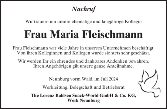 Traueranzeige von Maria Fleischmann von Mittelbayerische Zeitung Schwandorf