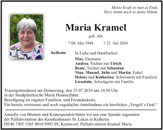 Traueranzeige von Maria Kramel von Mittelbayerische Zeitung Kelheim