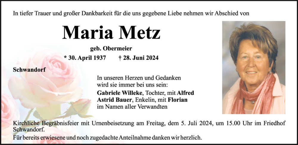  Traueranzeige für Maria Metz vom 02.07.2024 aus Mittelbayerische Zeitung Schwandorf