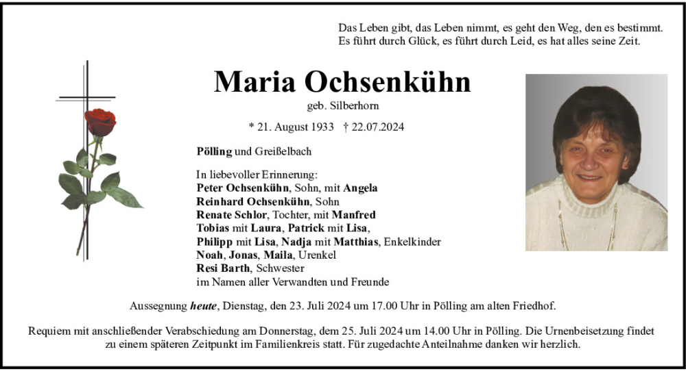  Traueranzeige für Maria Ochsenkühn vom 23.07.2024 aus Neumarkter Tagblatt