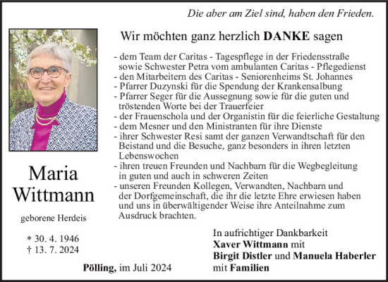 Traueranzeige von Maria Wittmann von Neumarkter Tagblatt