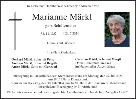 Traueranzeige von Marianne Märkl von Mittelbayerische Zeitung Regensburg