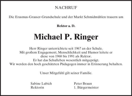 Traueranzeige von Micheal P. Ringer von Mittelbayerische Zeitung Schwandorf