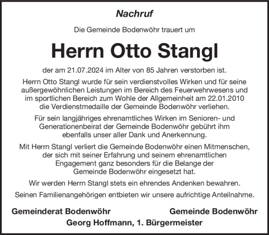 Traueranzeige von Otto Stangl von Mittelbayerische Zeitung Schwandorf