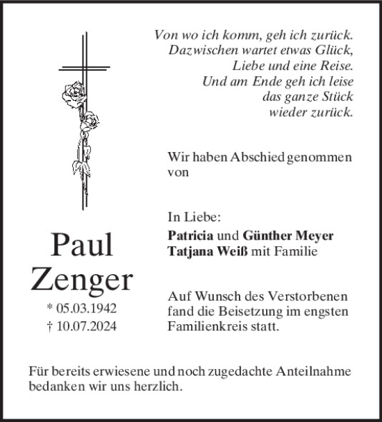 Traueranzeige von Paul Zenger von Mittelbayerische Zeitung Regensburg