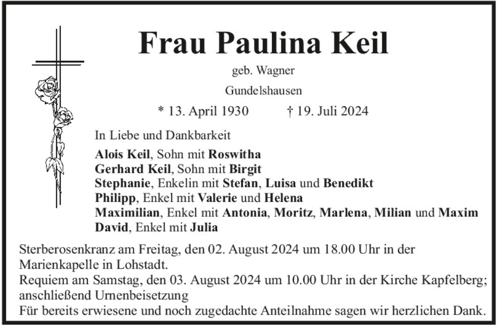  Traueranzeige für Paulina Keil vom 27.07.2024 aus Mittelbayerische Zeitung Kelheim