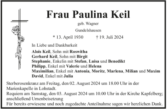 Traueranzeige von Paulina Keil von Mittelbayerische Zeitung Kelheim