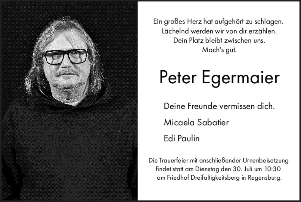  Traueranzeige für Peter Egermaier vom 27.07.2024 aus Mittelbayerische Zeitung Regensburg