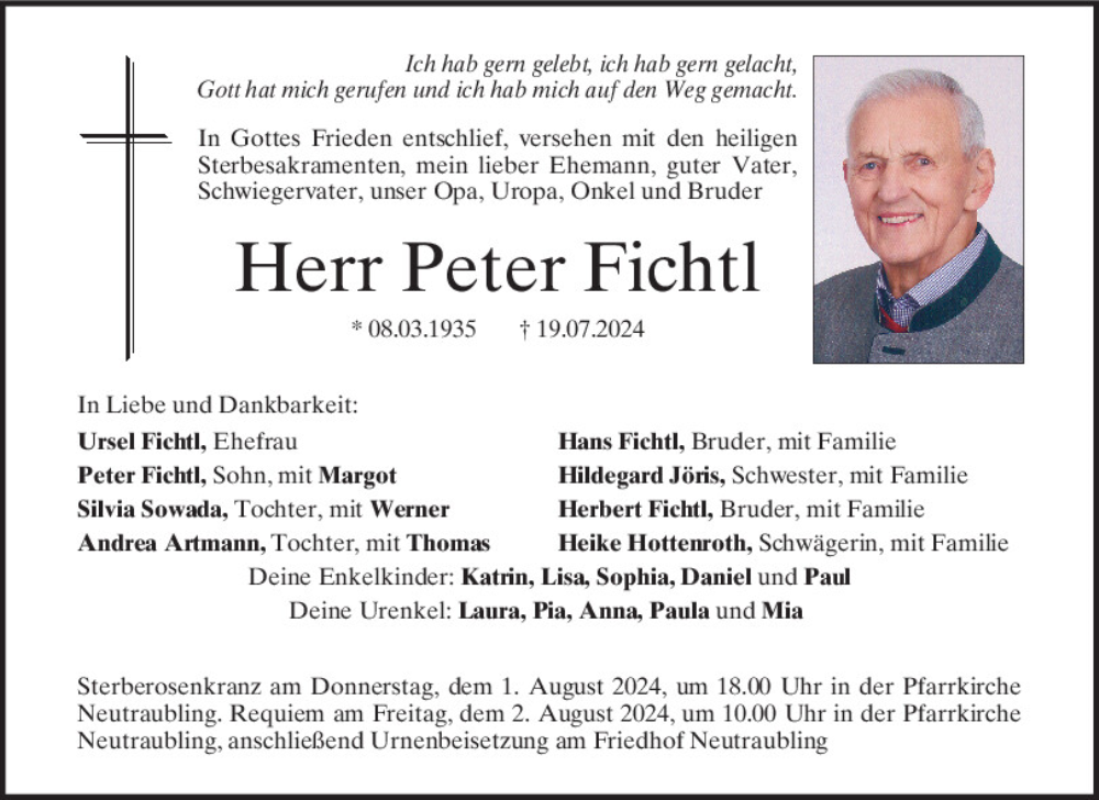  Traueranzeige für Peter Fichtl vom 27.07.2024 aus Mittelbayerische Zeitung Regensburg