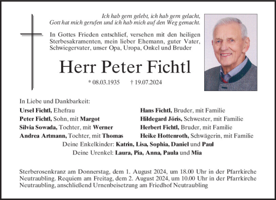 Traueranzeige von Peter Fichtl von Mittelbayerische Zeitung Regensburg