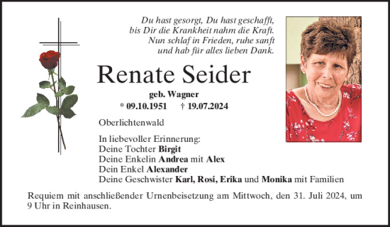 Traueranzeige von Renate Seider von Mittelbayerische Zeitung Regensburg