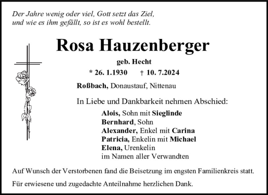 Traueranzeige von Rosa Hauzenberger von Mittelbayerische Zeitung Regensburg