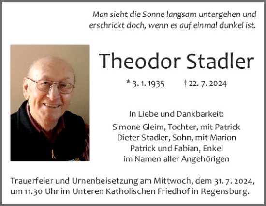 Traueranzeige von Theodor Stadler von Mittelbayerische Zeitung Regensburg