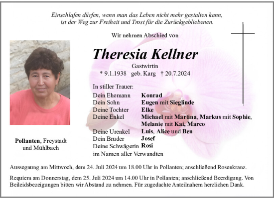 Traueranzeige von Theresia Kellner von Neumarkter Tagblatt