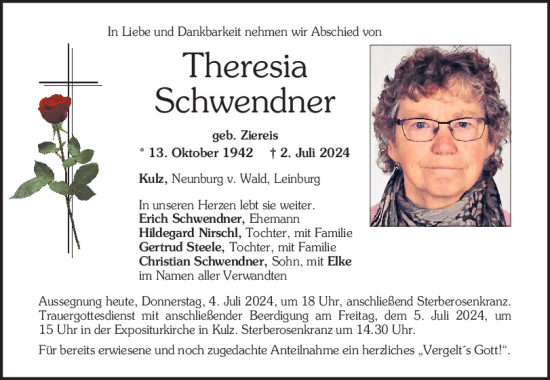 Traueranzeige von Theresia Schwendner von Mittelbayerische Zeitung Schwandorf
