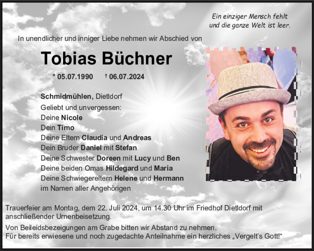  Traueranzeige für Tobias Büchner vom 18.07.2024 aus Mittelbayerische Zeitung Schwandorf