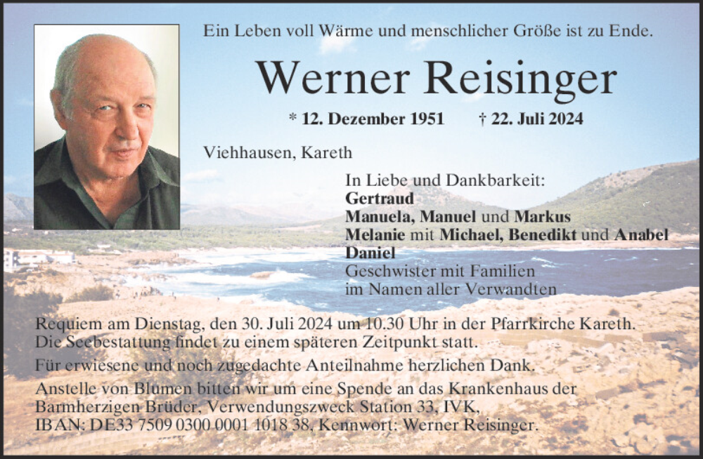  Traueranzeige für Werner Reisinger vom 27.07.2024 aus Mittelbayerische Zeitung Regensburg