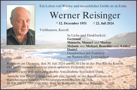 Traueranzeige von Werner Reisinger von Mittelbayerische Zeitung Regensburg