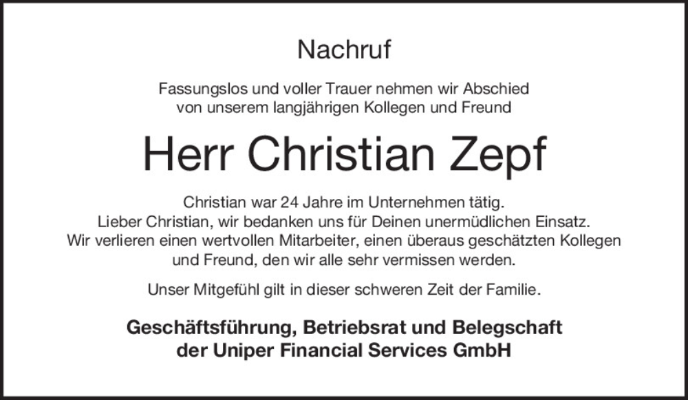  Traueranzeige für Christian Zepf vom 24.08.2024 aus Mittelbayerische Zeitung Regensburg