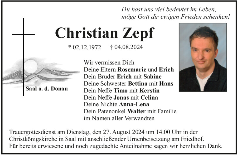  Traueranzeige für Christian Zepf vom 23.08.2024 aus Mittelbayerische Zeitung Kelheim