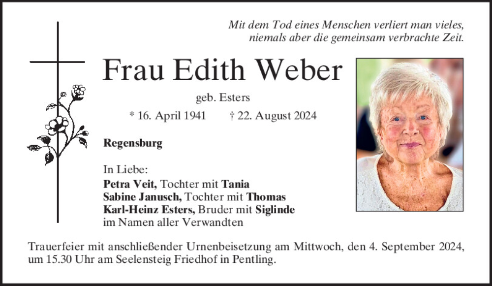  Traueranzeige für Edith Weber vom 31.08.2024 aus Mittelbayerische Zeitung Regensburg