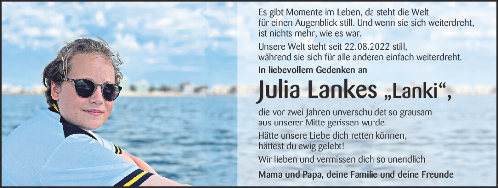  Traueranzeige für Julia Lankes vom 22.08.2024 aus Bayerwald Echo