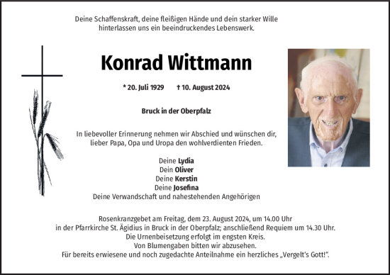 Traueranzeige von Konrad Wittmann von Mittelbayerische Zeitung Schwandorf