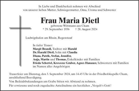 Traueranzeige von Maria Dietl von Bayerwald Echo